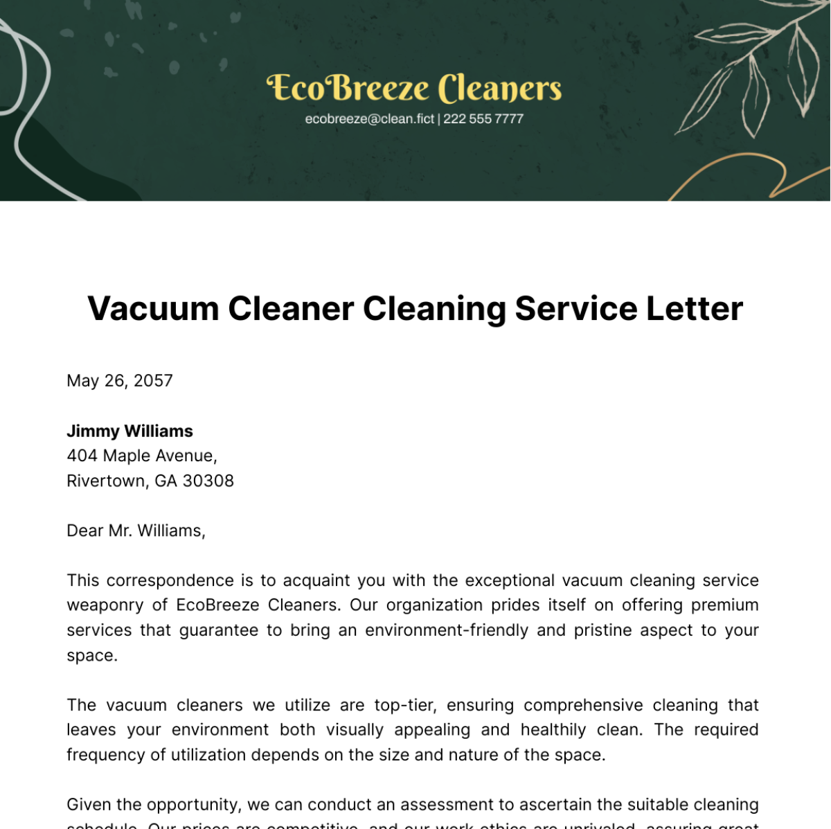 Vacuum Cleaner Cleaning Service Letter Template