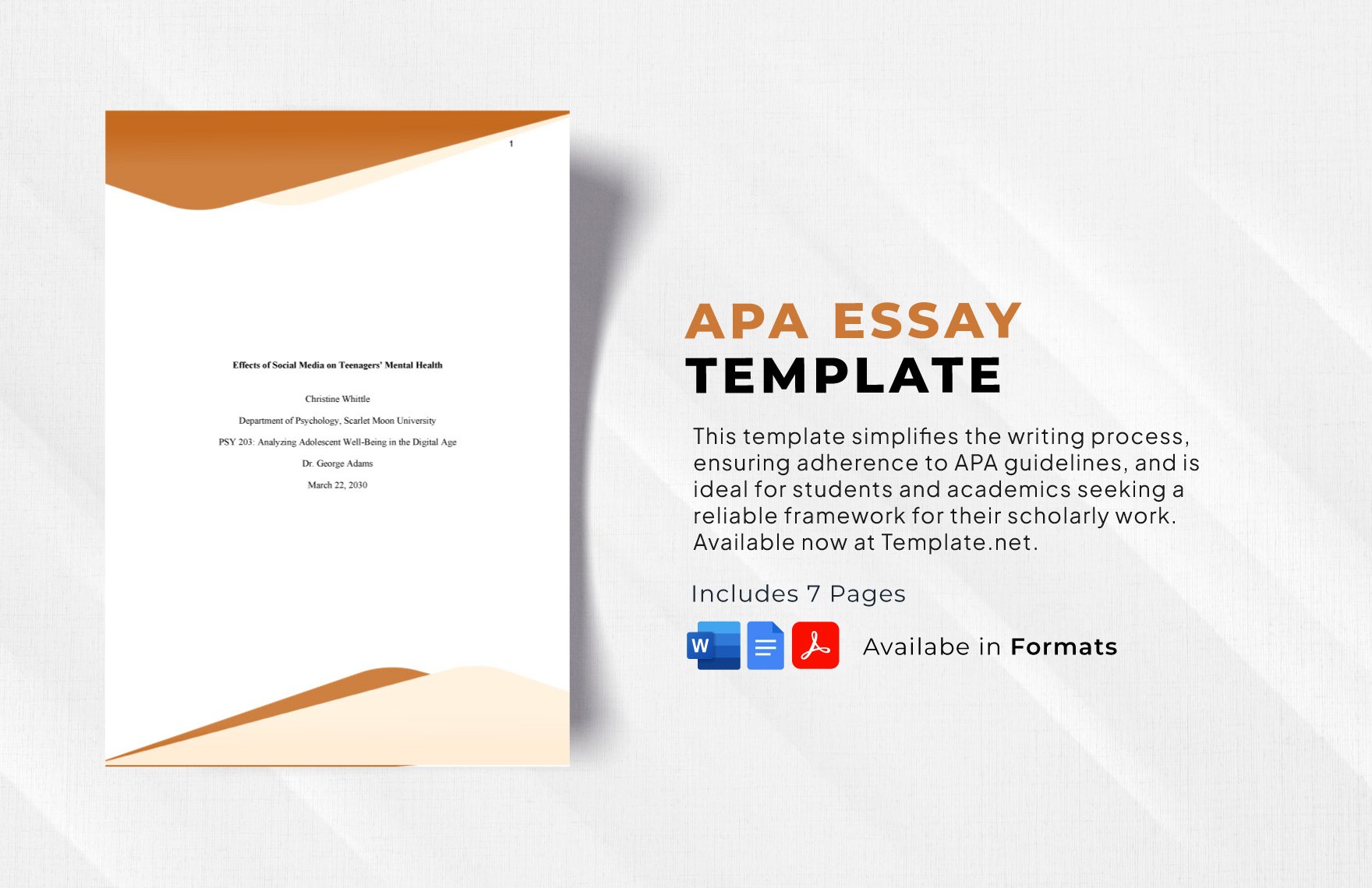 APA Essay Template in Word, Google Docs, PDF, Apple Pages