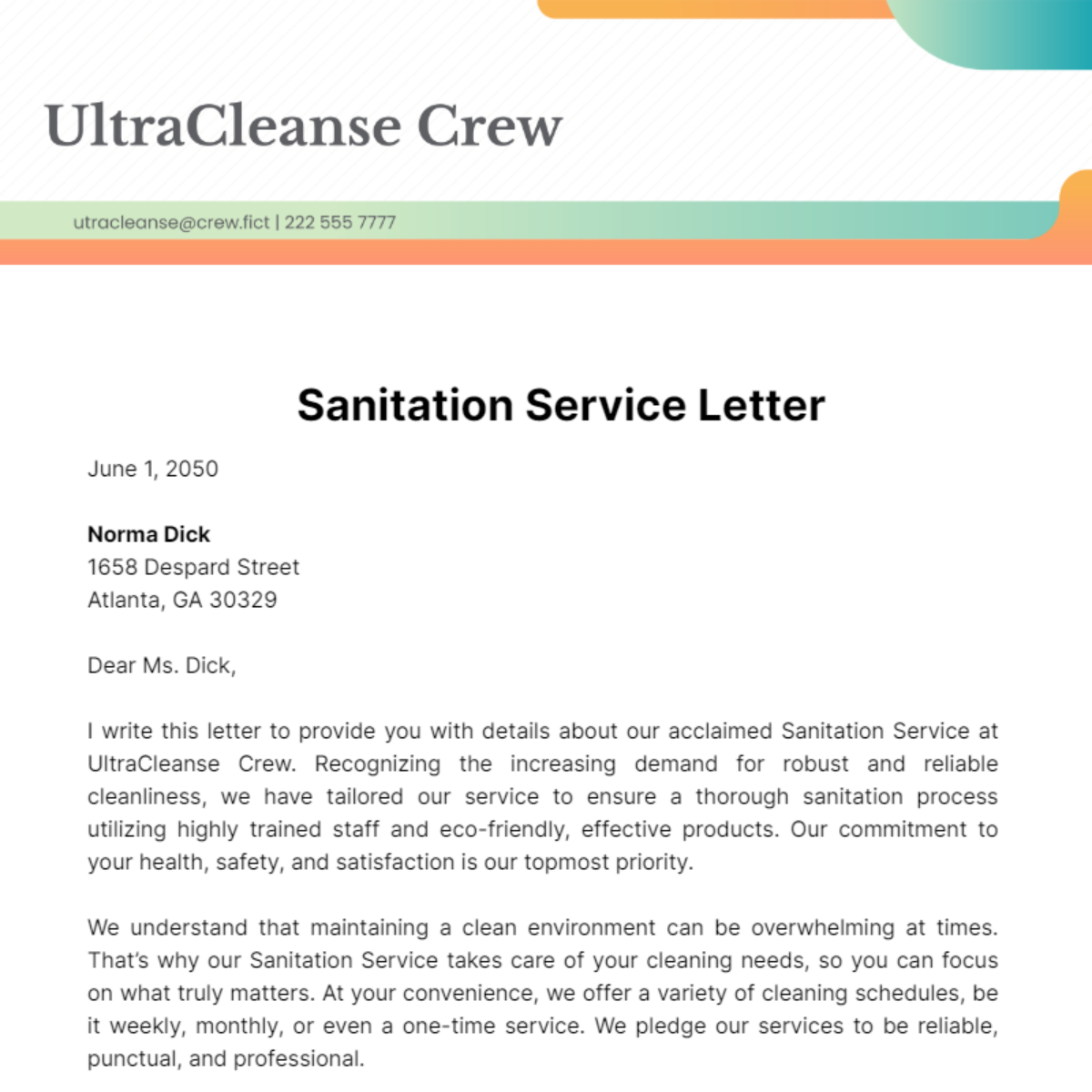 Sanitation Service Letter Template