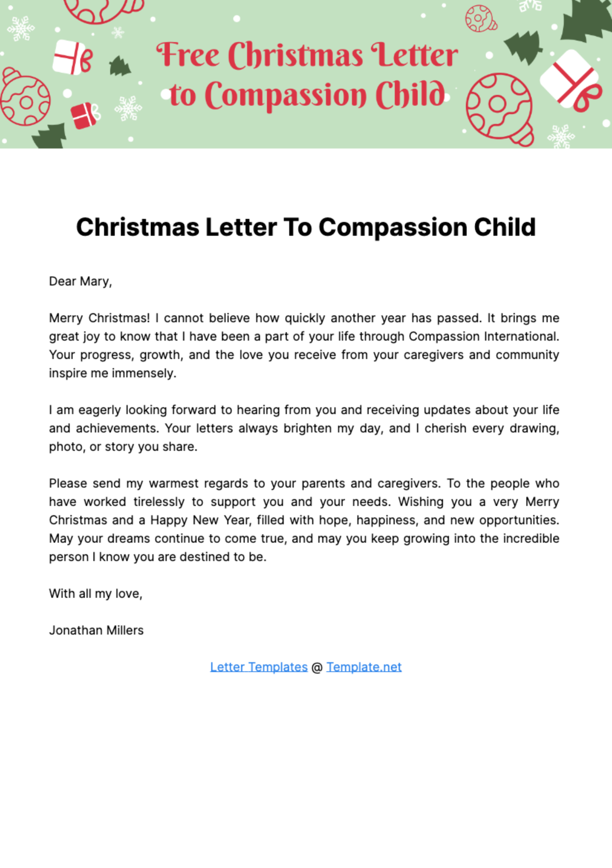 Free Christmas Letter to Compassion Child Template