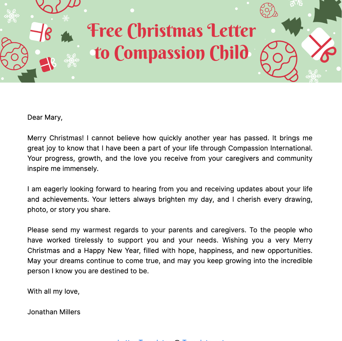 Christmas Letter to Compassion Child Template
