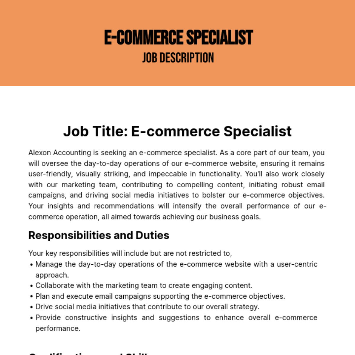Ecommerce Specialist Job Description Template