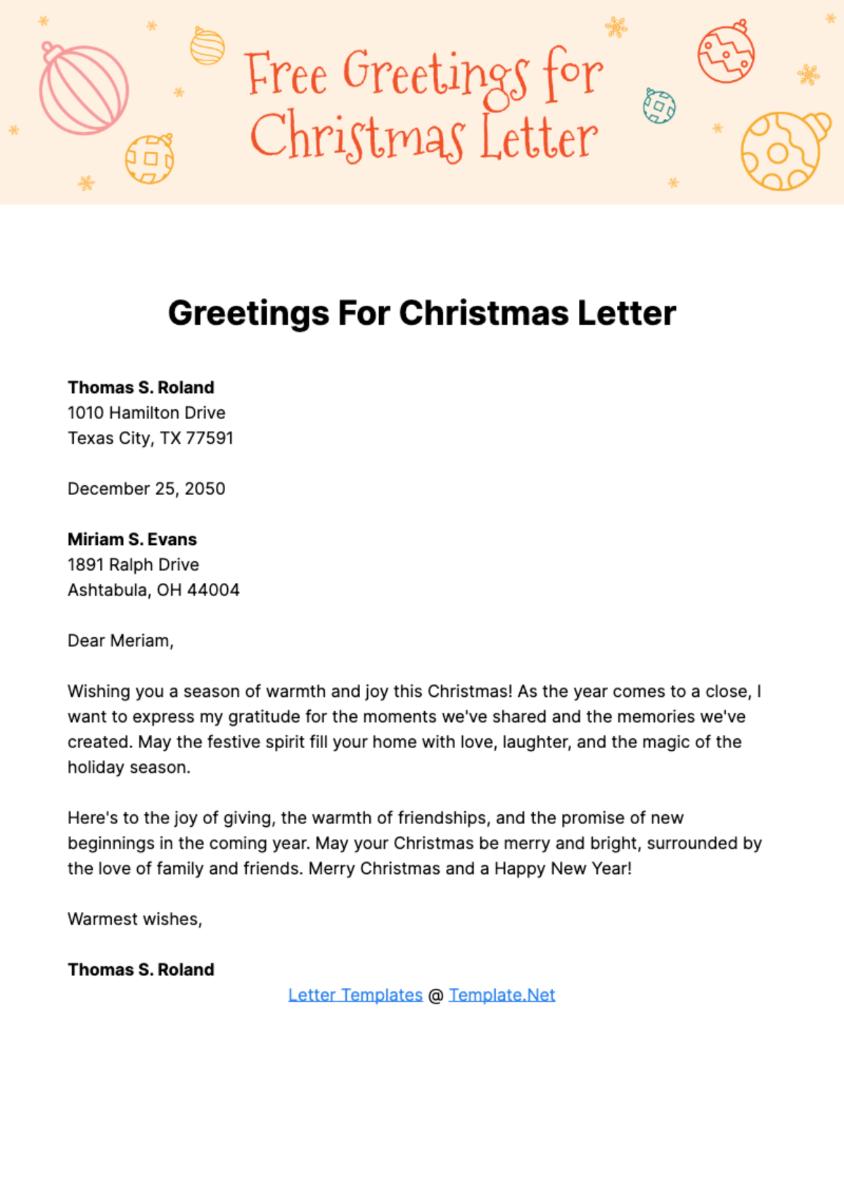 Free Greetings for Christmas Letter Template