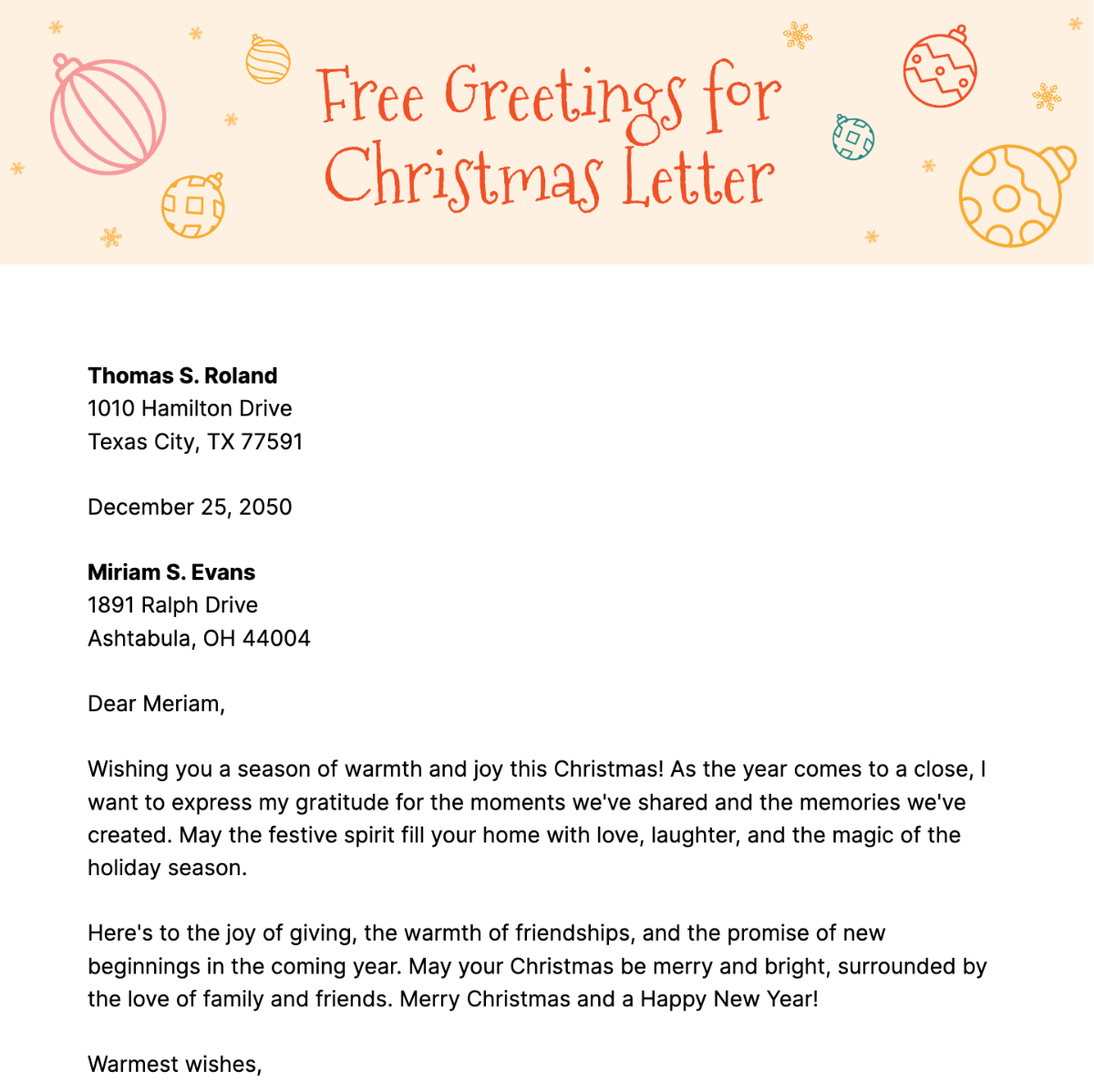 Greetings for Christmas Letter Template