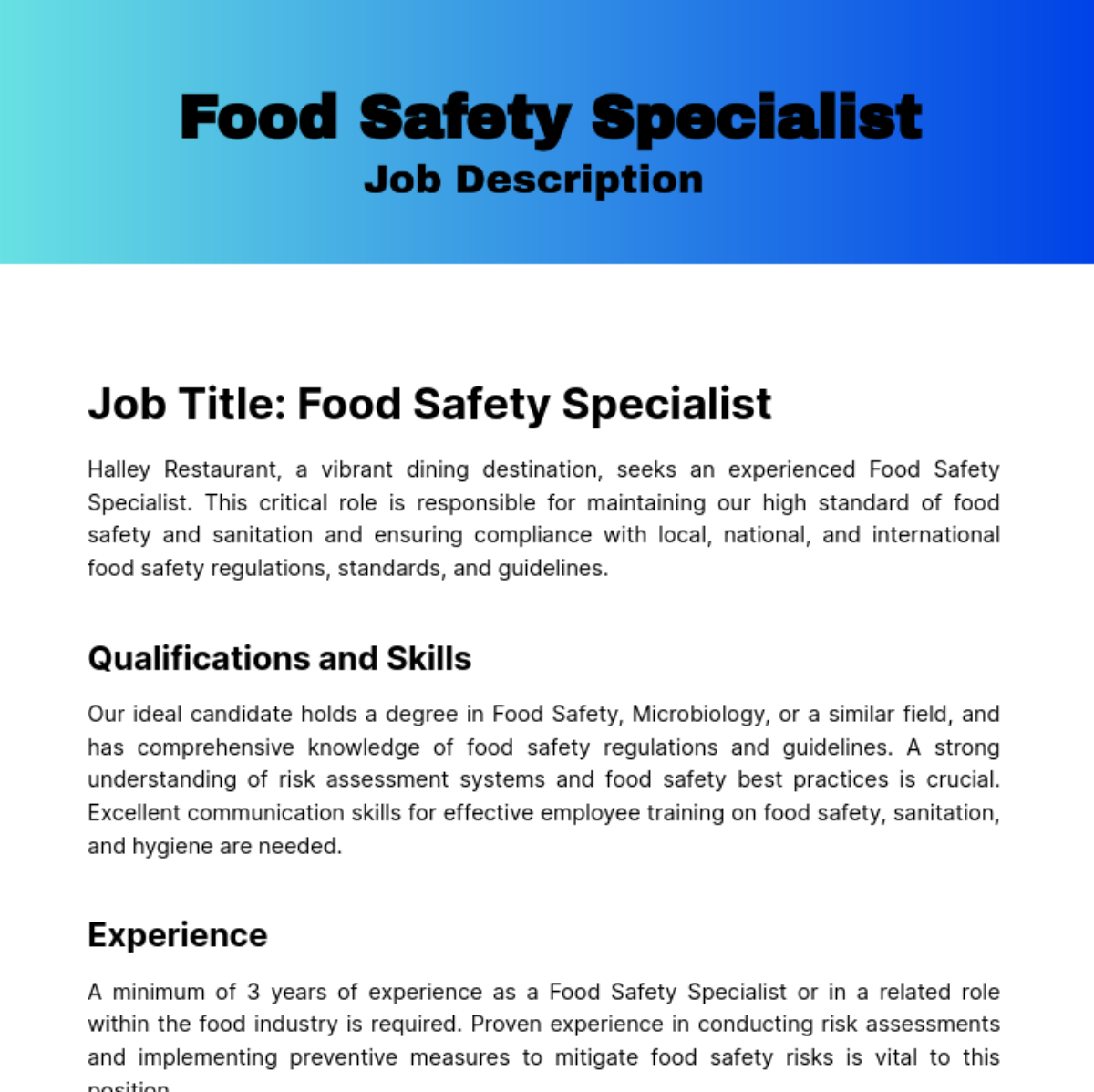 Food Safety Specialist Job Description Template