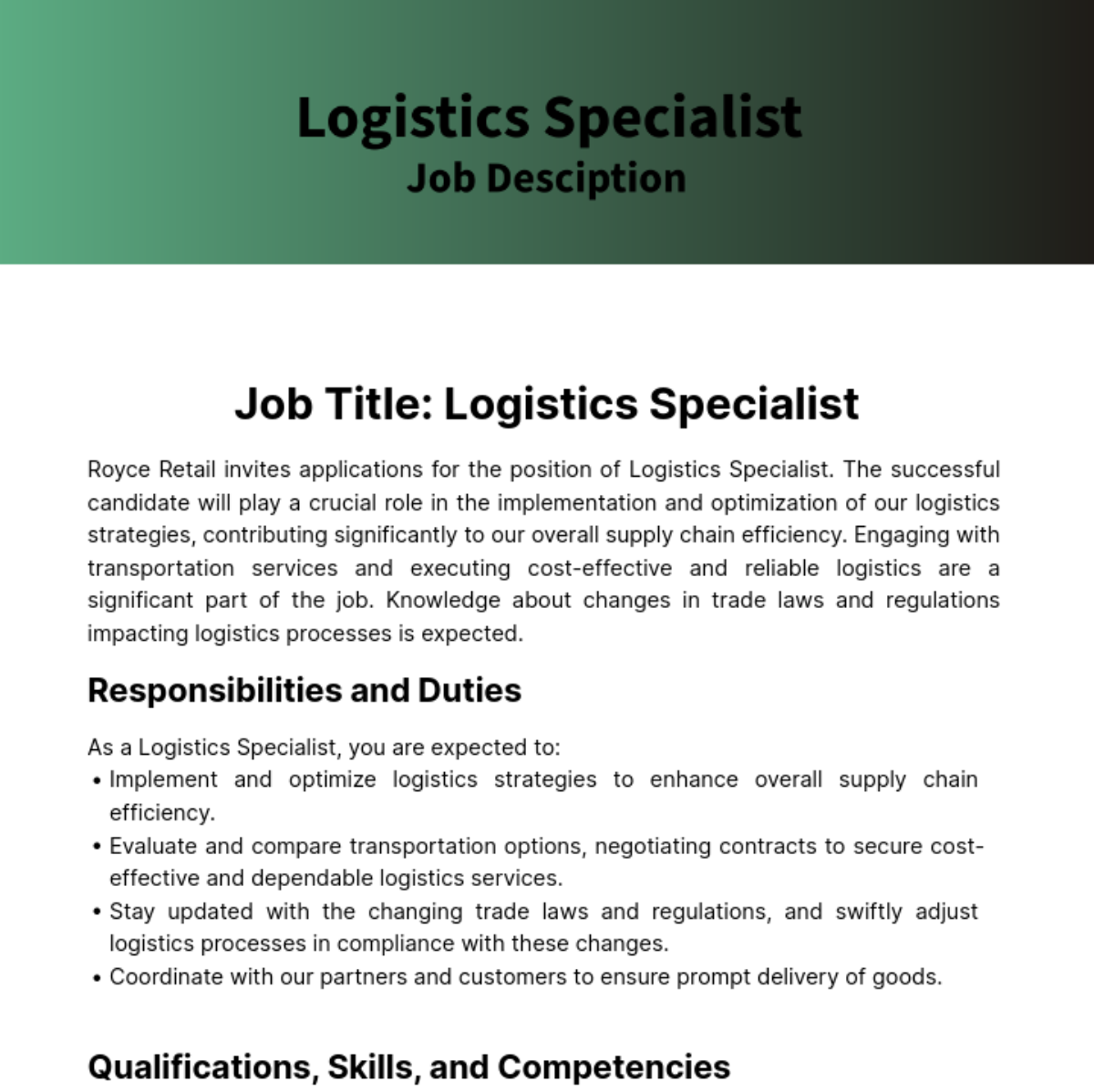 Logistics Specialist Job Description Template