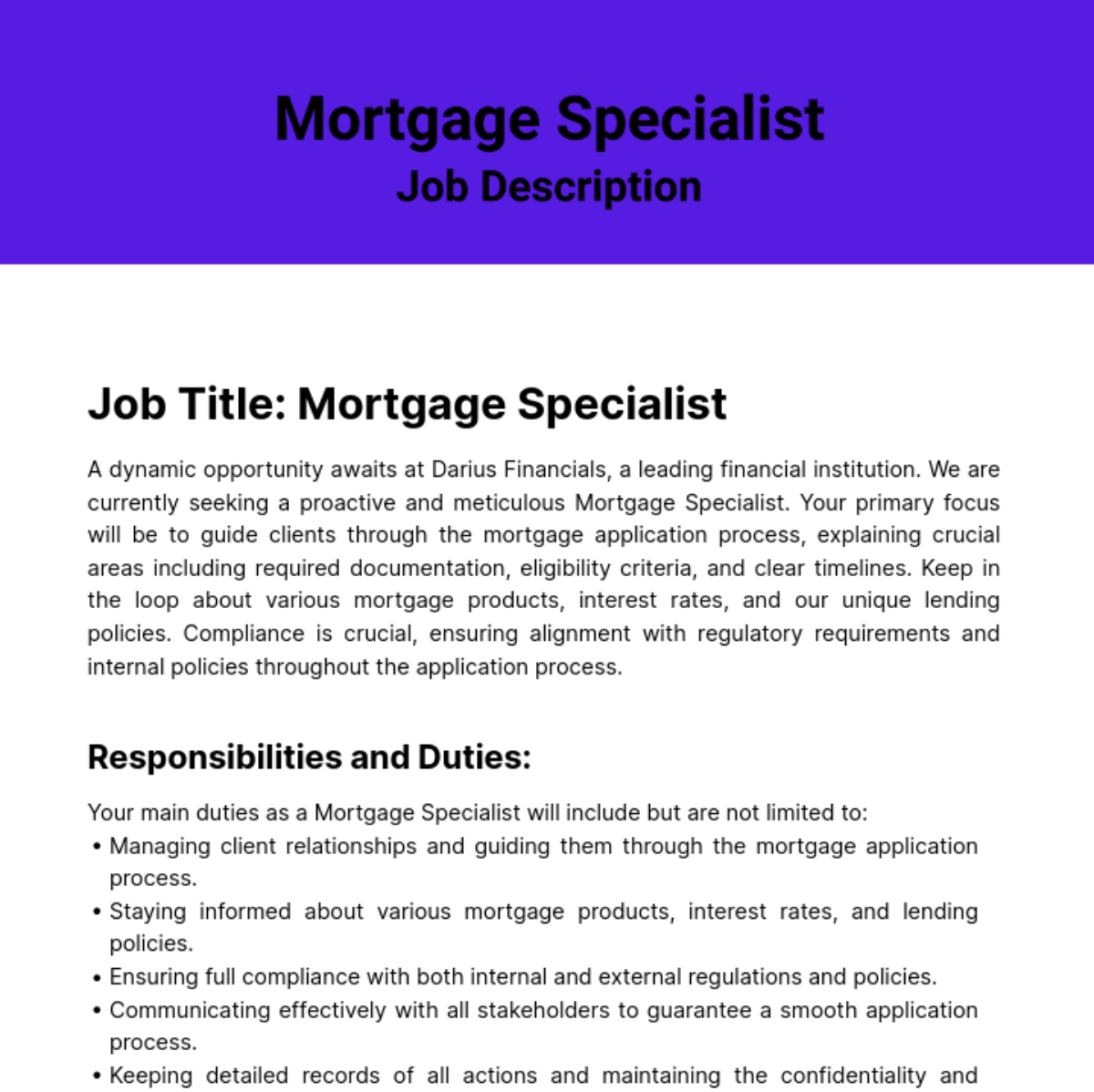 Mortgage Specialist Job Description Template