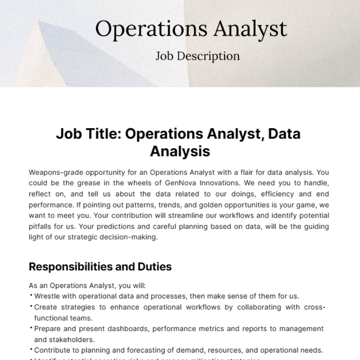 Operations Analyst Job Description Template