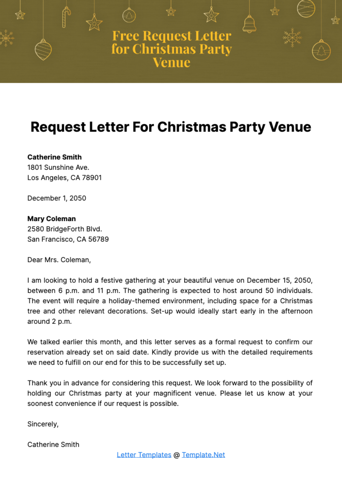 Request Letter for Christmas Party Venue Template