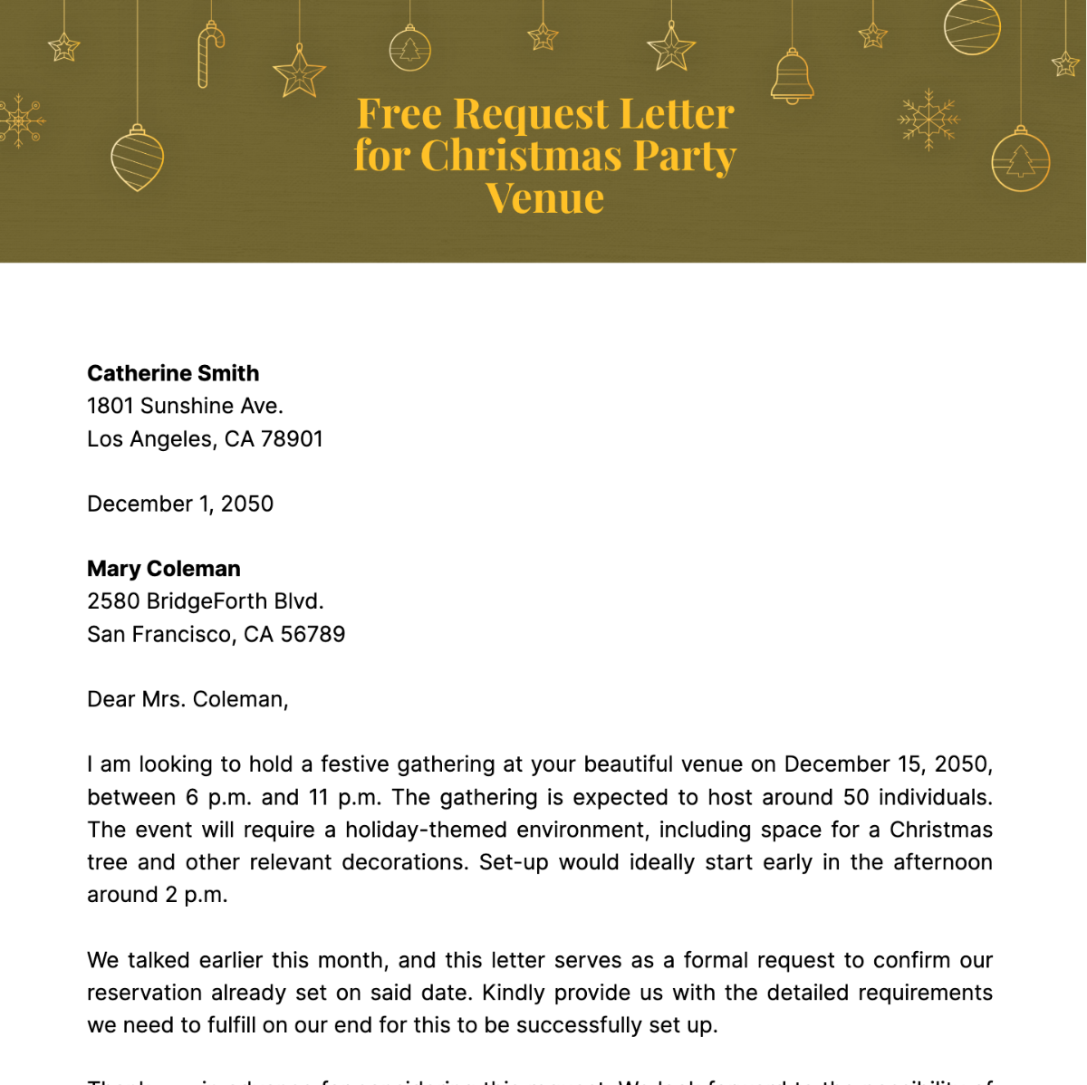 Request Letter for Christmas Party Venue Template
