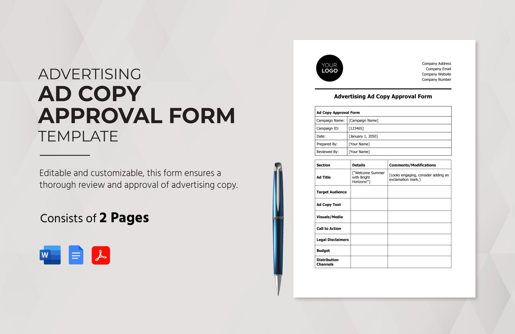 Advertising Ad Copy Approval Form Template in Word, Google Docs, PDF