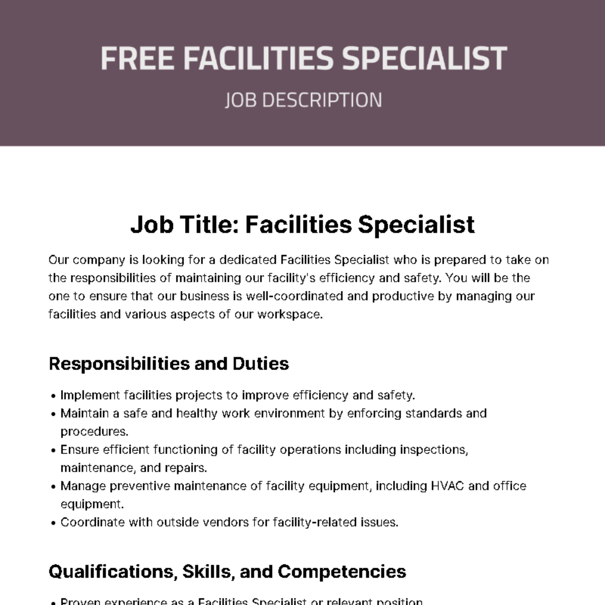 Facilities Specialist Job Description Template