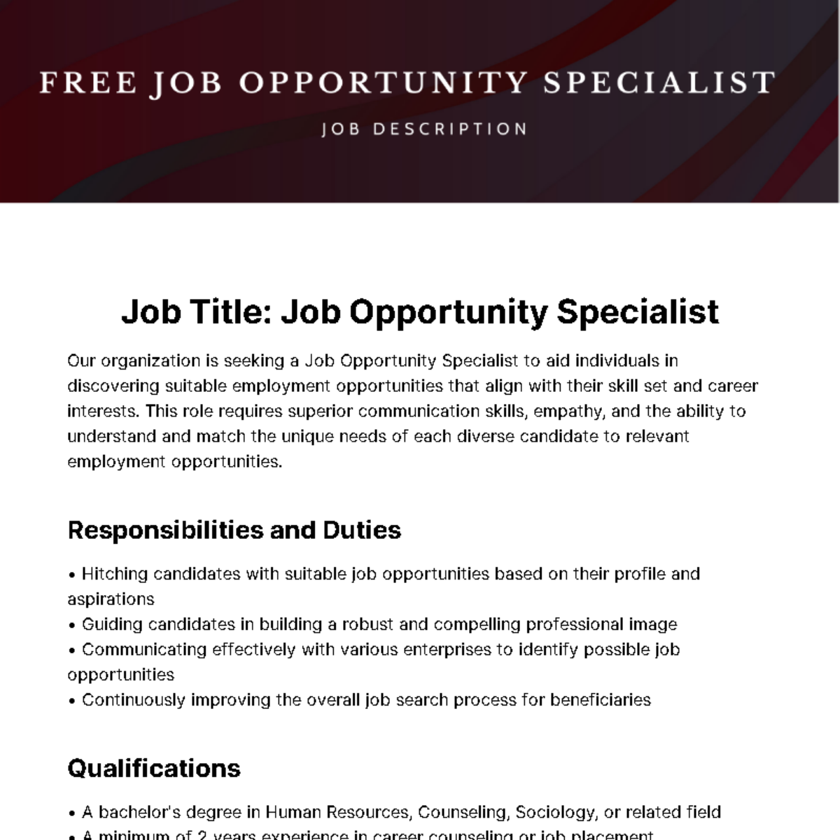 Job Opportunity Specialist Job Description Template