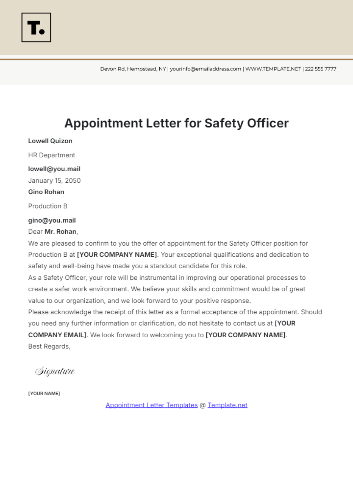 Appointment Letter for Safety Officer Template - Edit Online & Download