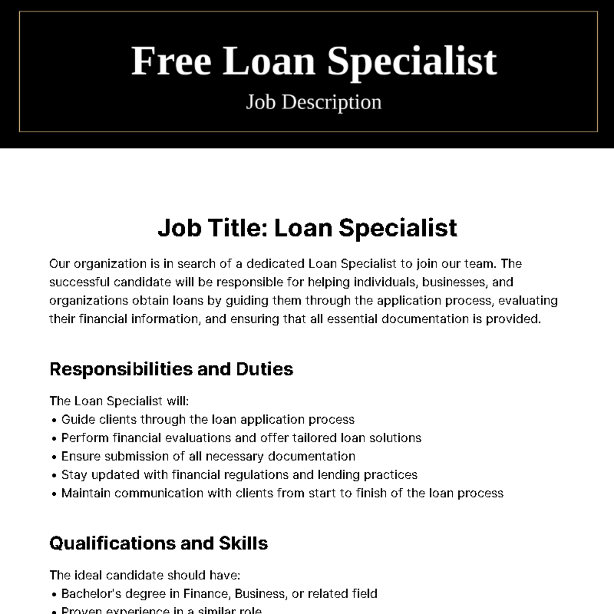 Loan Specialist Job Description Template
