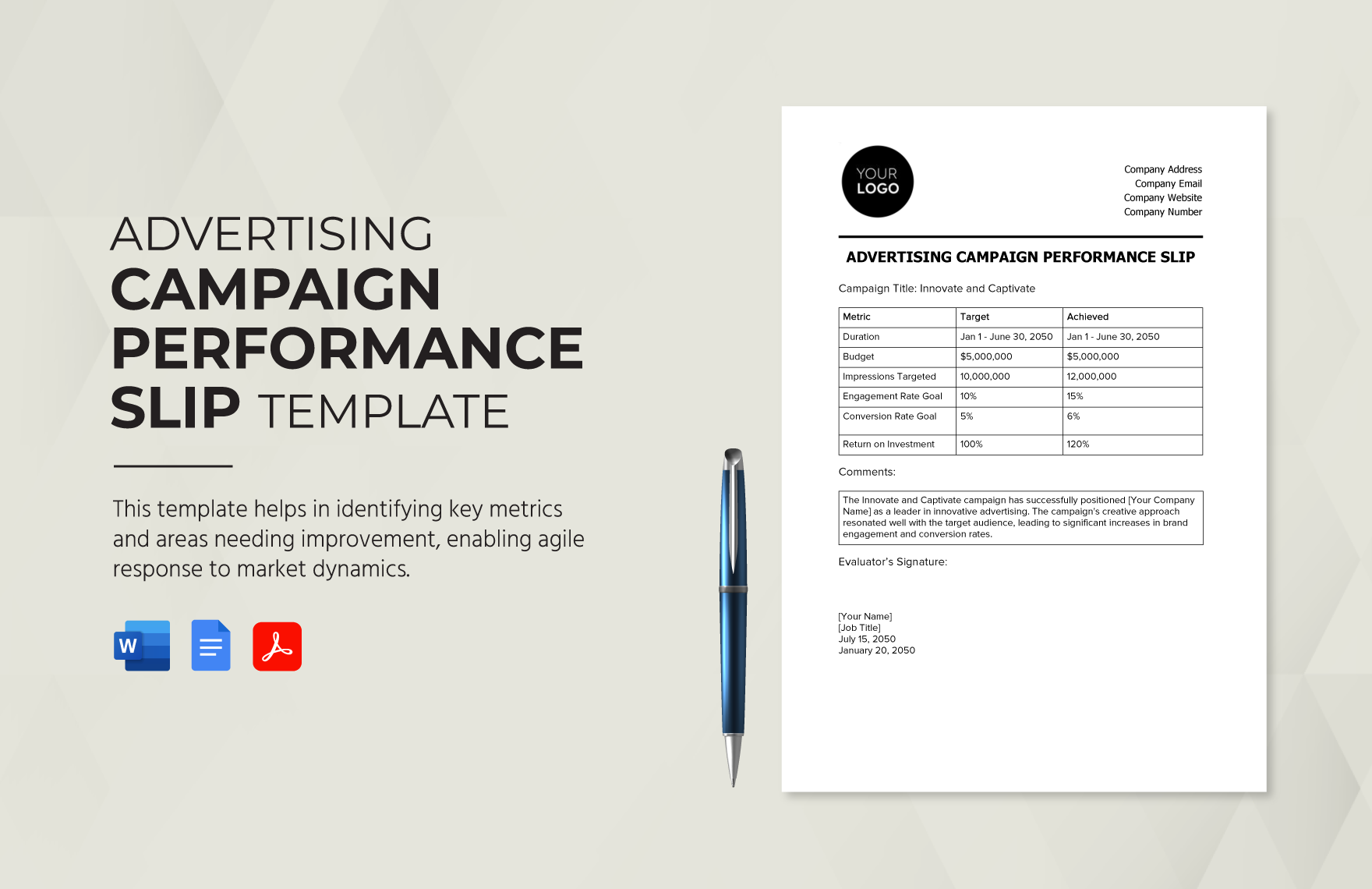 Advertising Campaign Performance Slip Template in Word, Google Docs, PDF