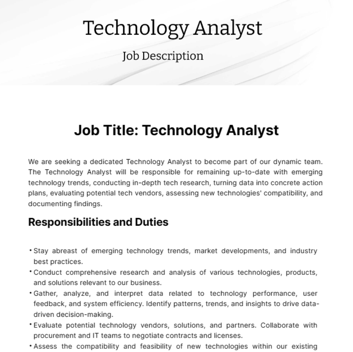 Technology Analyst Job Description Template