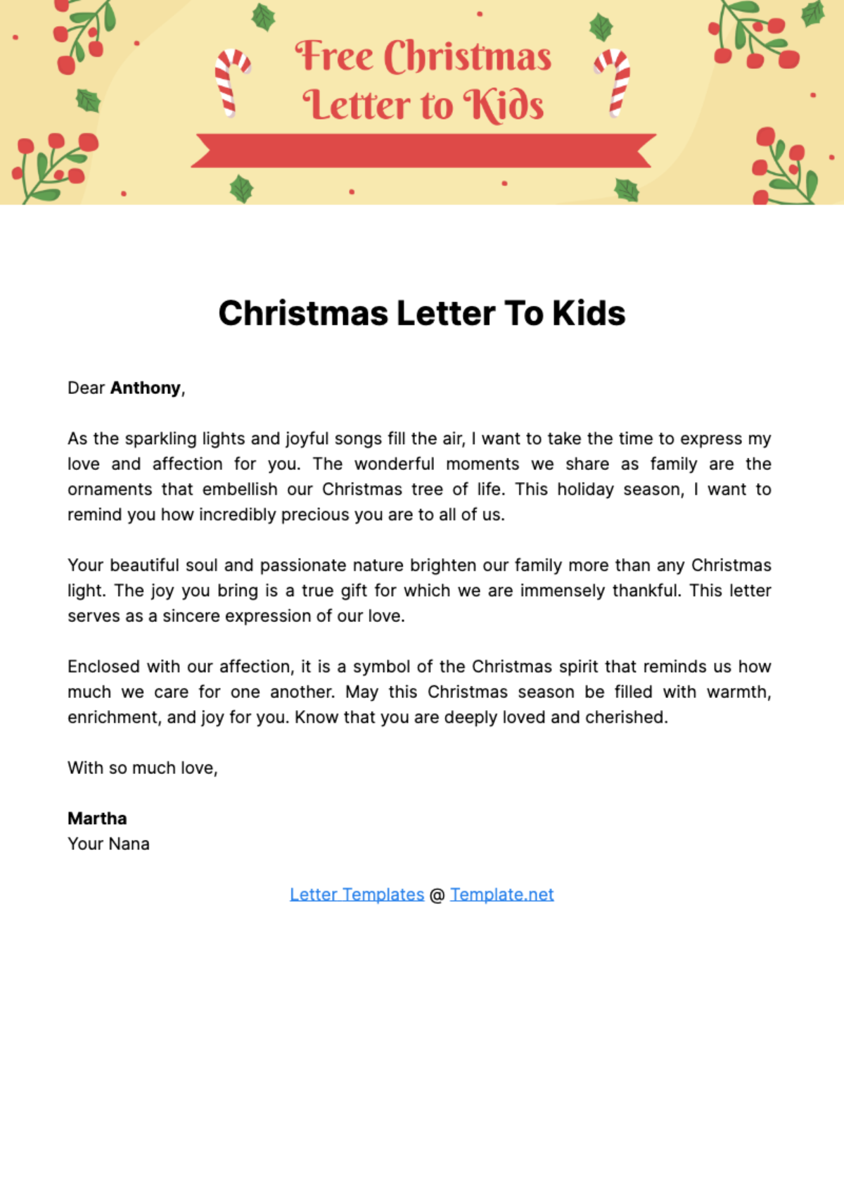 Free Christmas Letter to Kids Template