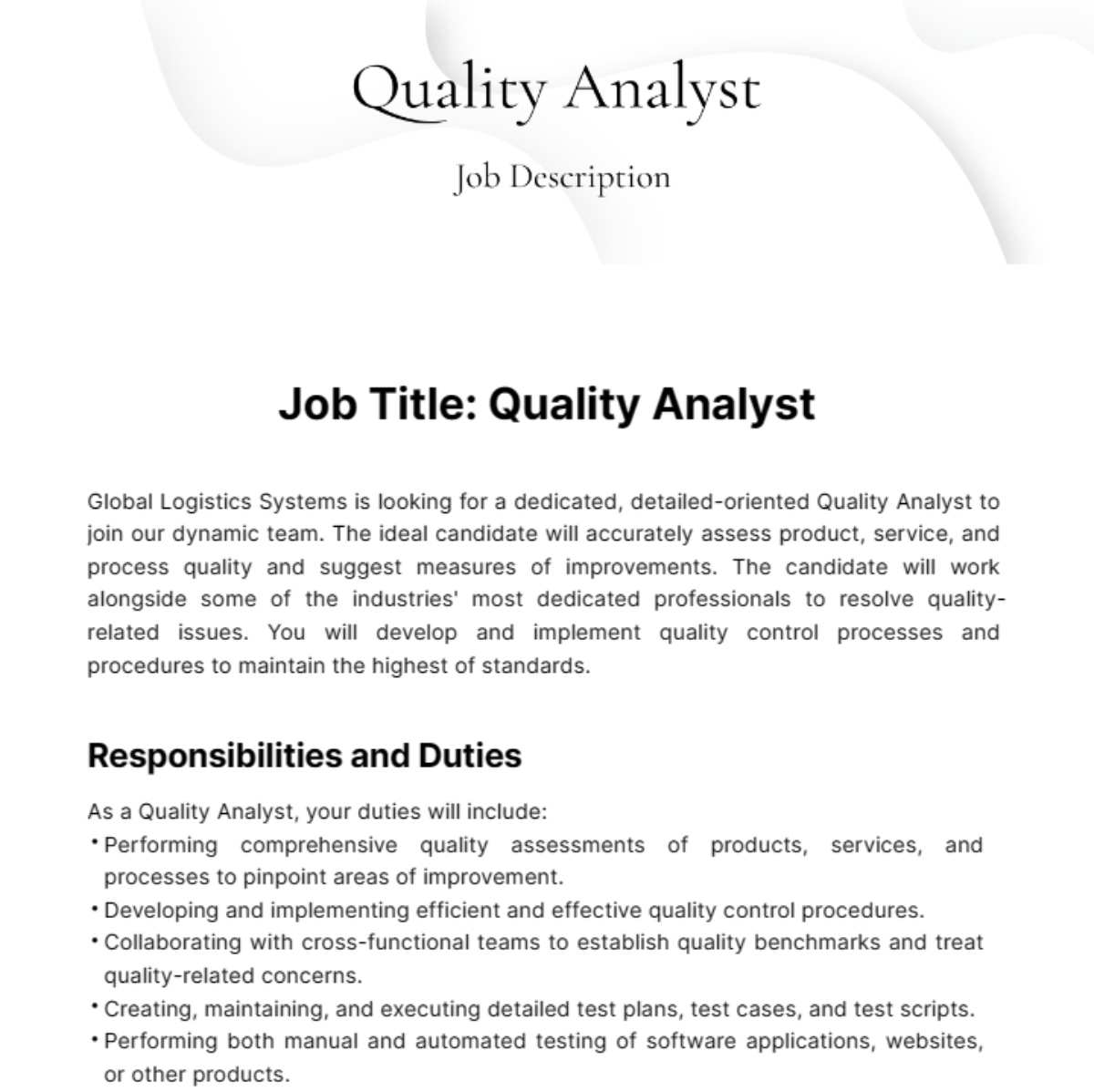 Quality Analyst Job Description Template