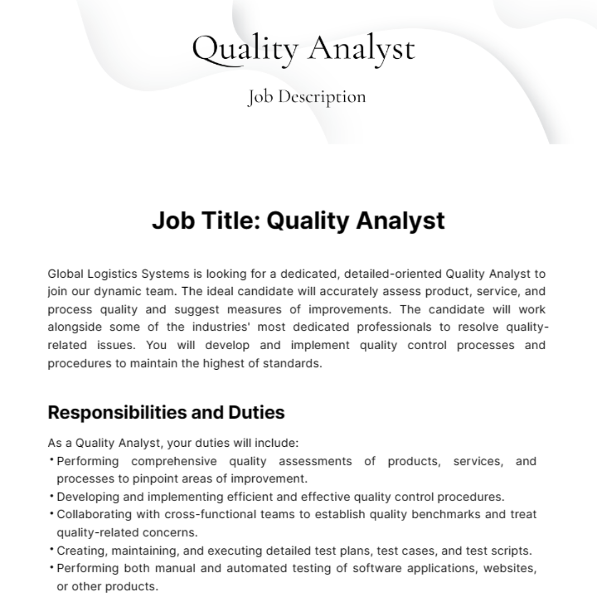 Quality Analyst Job Description Template Edit Online Download 