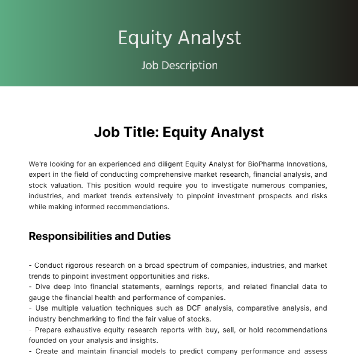 Equity Analyst Job Description Template