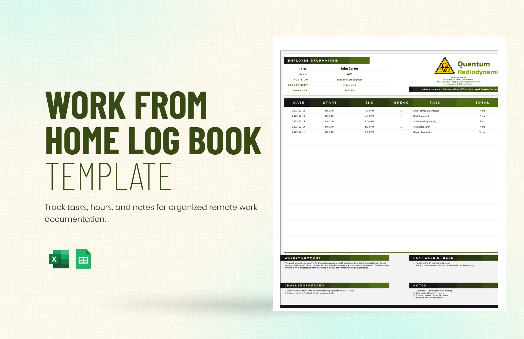 Work from Home Log Book Template