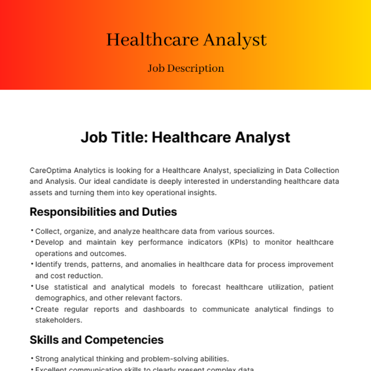 Healthcare Analyst Job Description Template