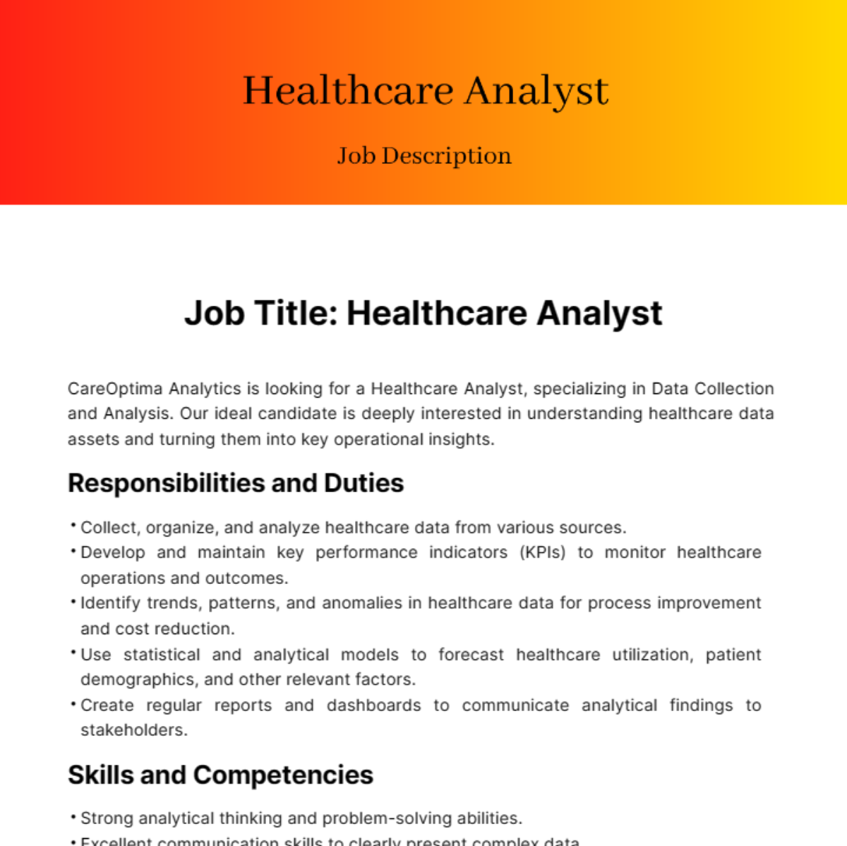 Healthcare Analyst Job Description Template Edit Online Download 