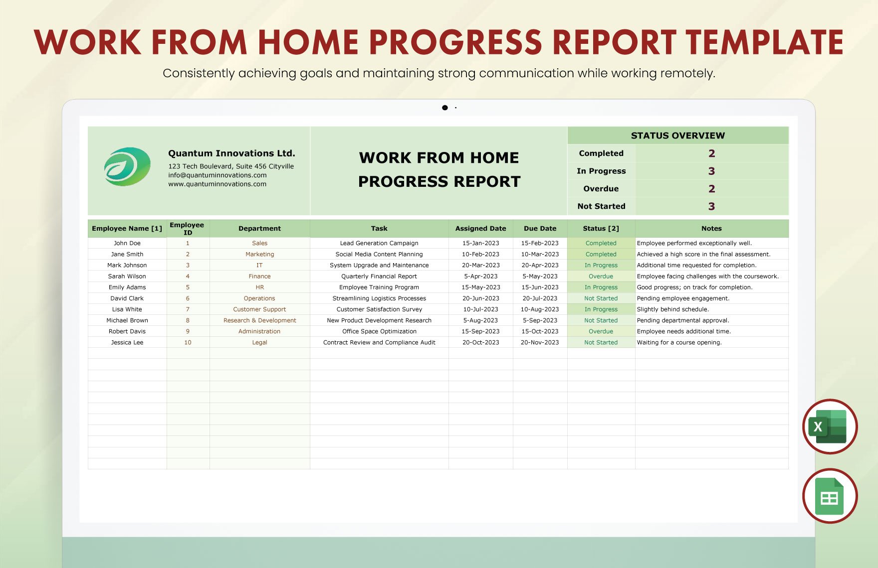 Work from Home Progress Report Template