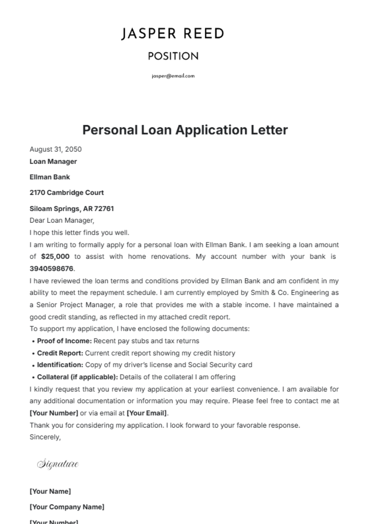 Personal Loan Application Letter Template