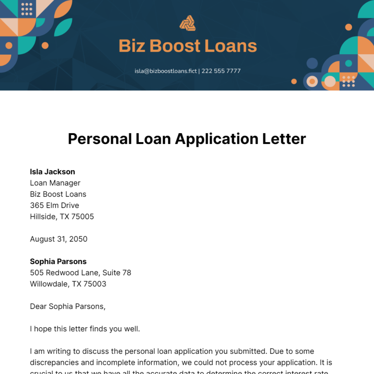 Personal Loan Application Letter Template