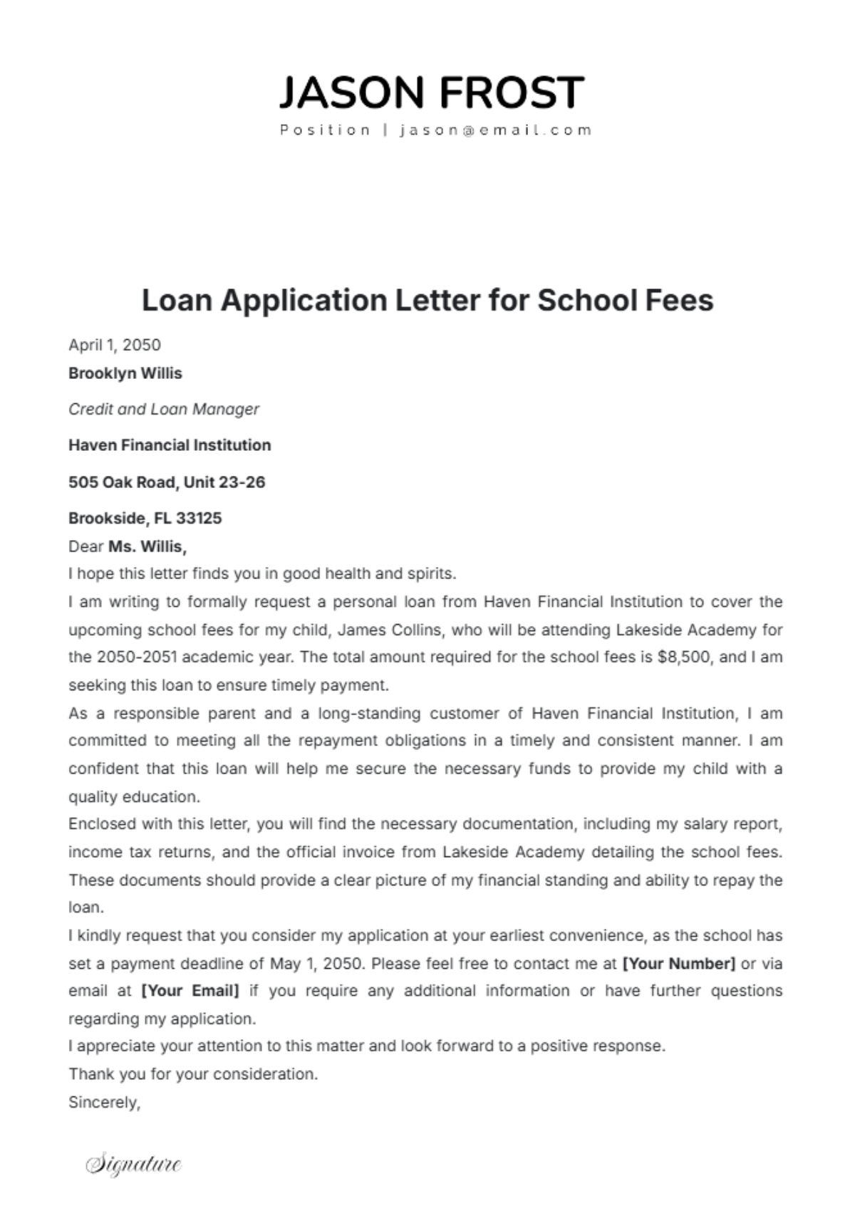 Loan Application Letter for School Fees Template