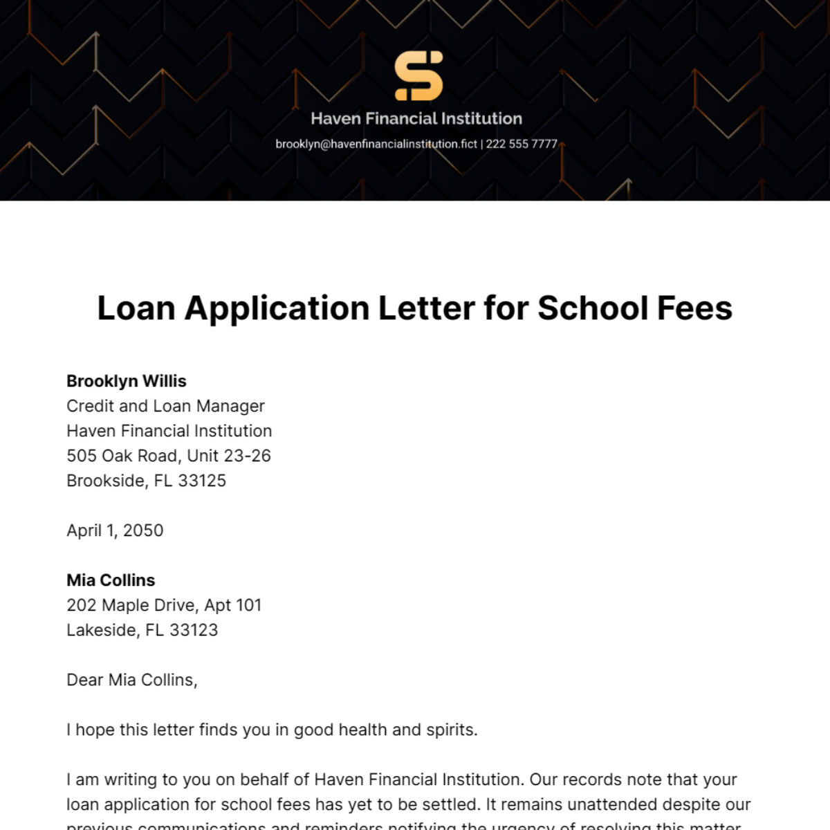 Loan Application Letter for School Fees Template