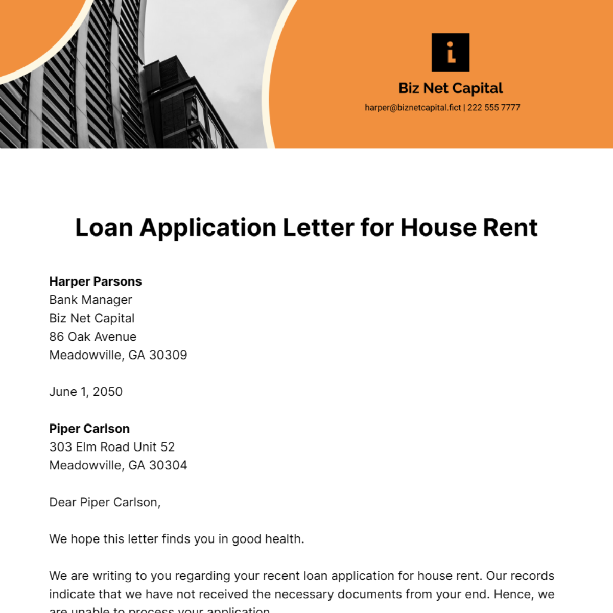 Loan Application Letter for House Rent  Template