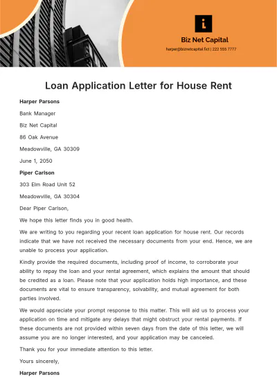 Free Loan Application Letter for House Rent  Template to Edit Online