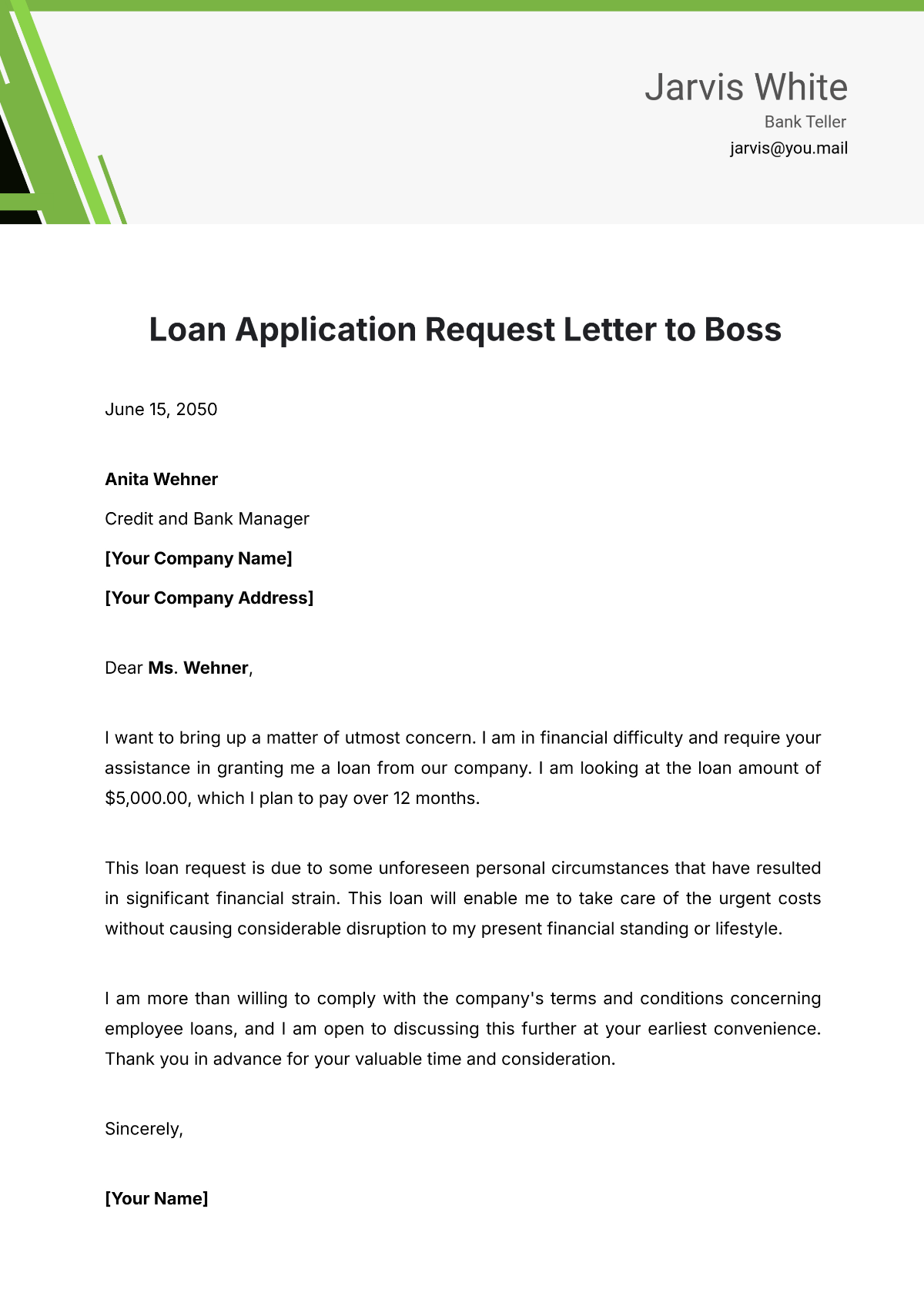 Loan Application Request Letter to Boss Template