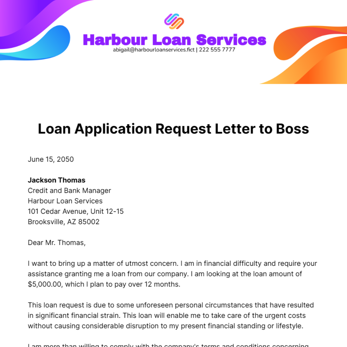 Loan Application Request Letter to Boss Template