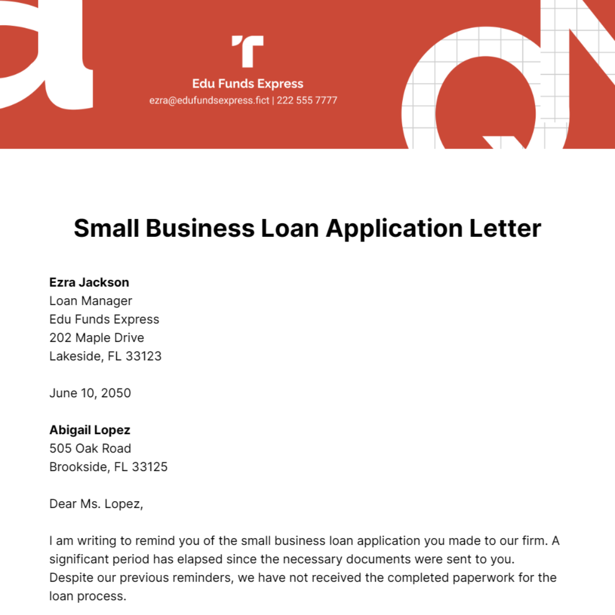 Small Business Loan Application Letter Template