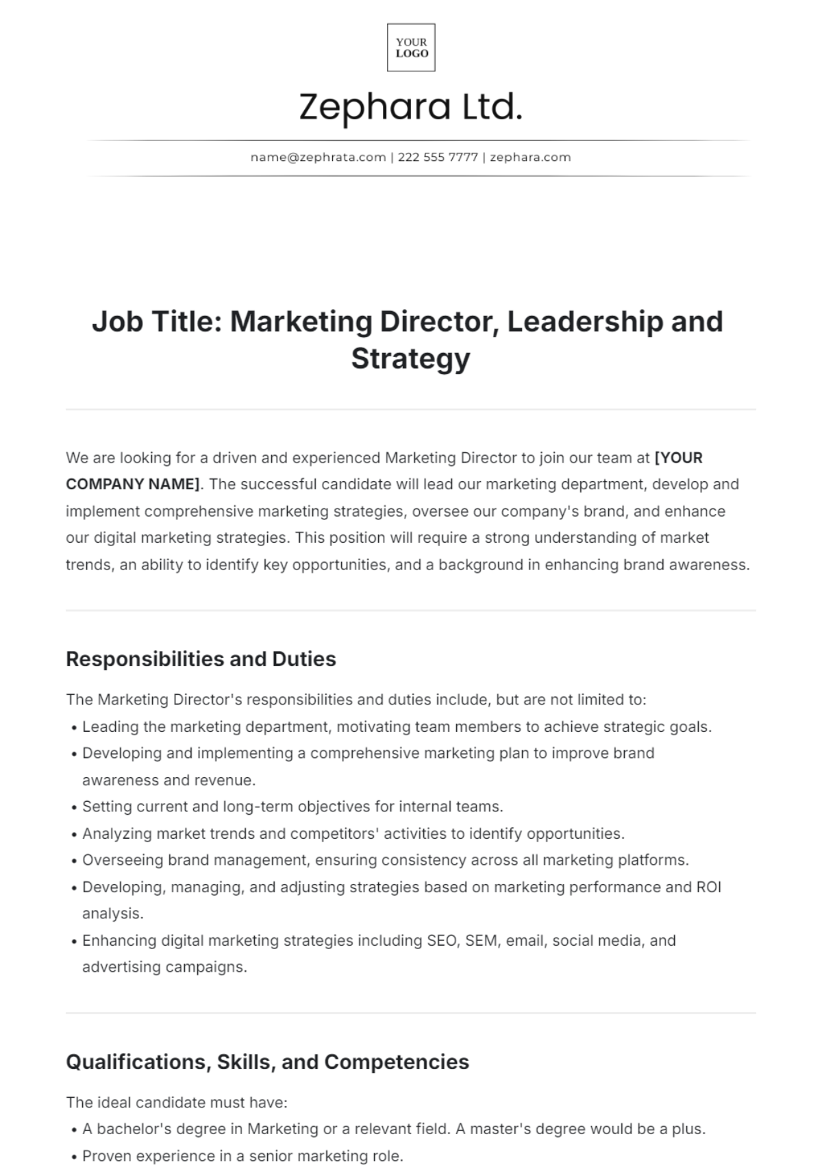 Marketing Director Job Description Template - Edit Online & Download