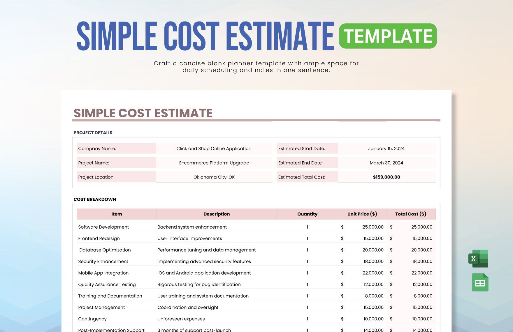 Simple Cost Estimate Template