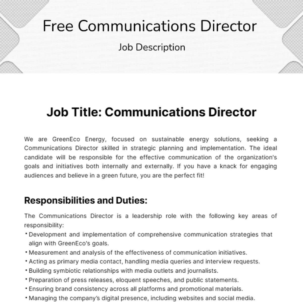 Communications Director Job Description Template