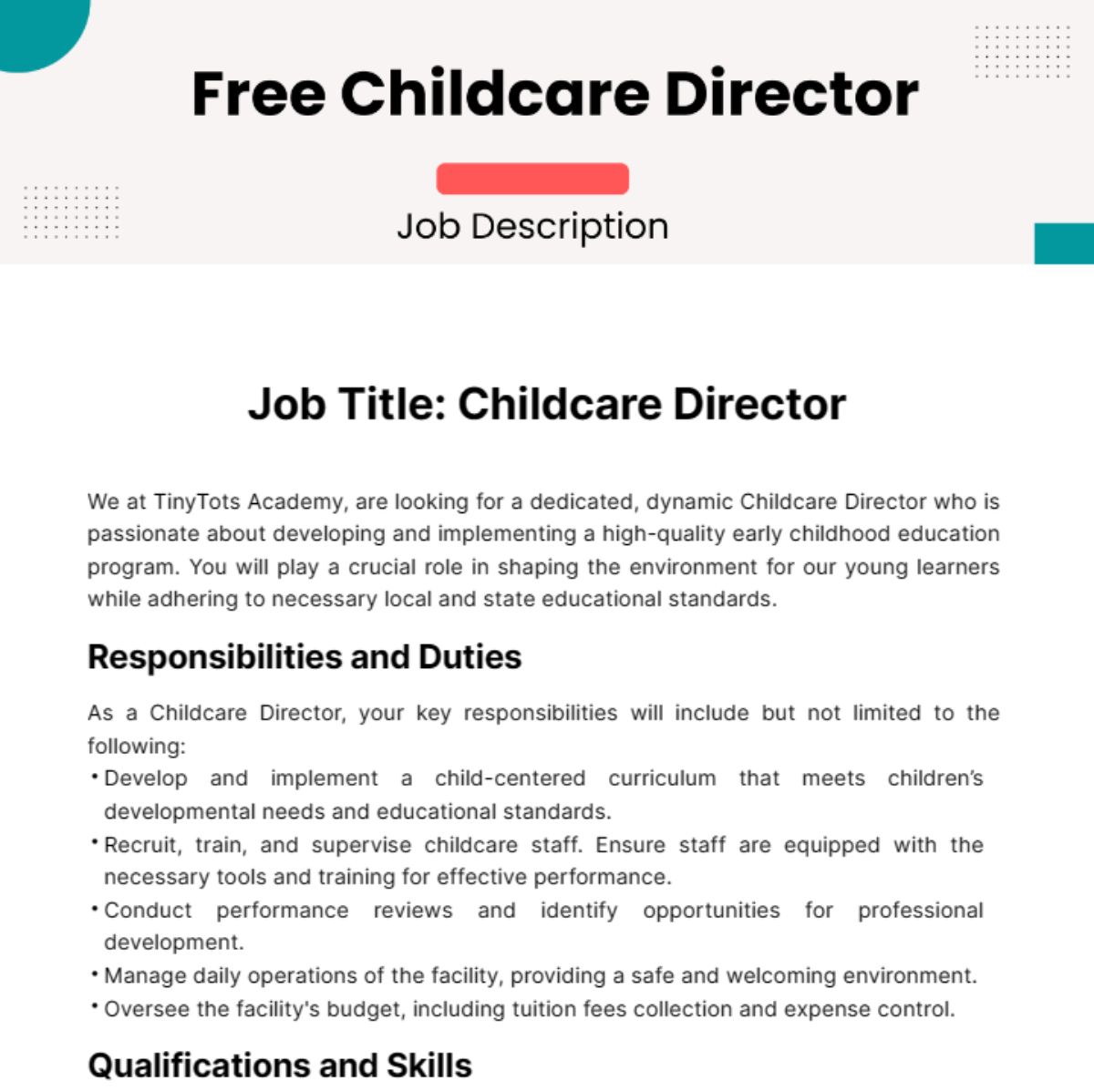 Childcare Director Job Description Template