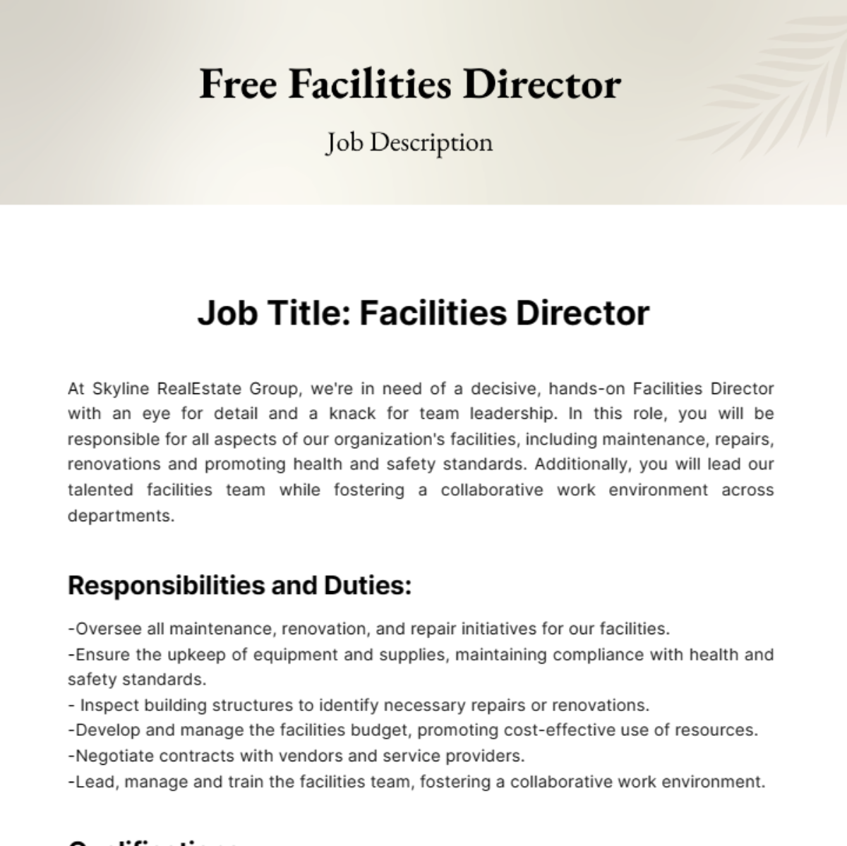 Facilities Director Job Description Template
