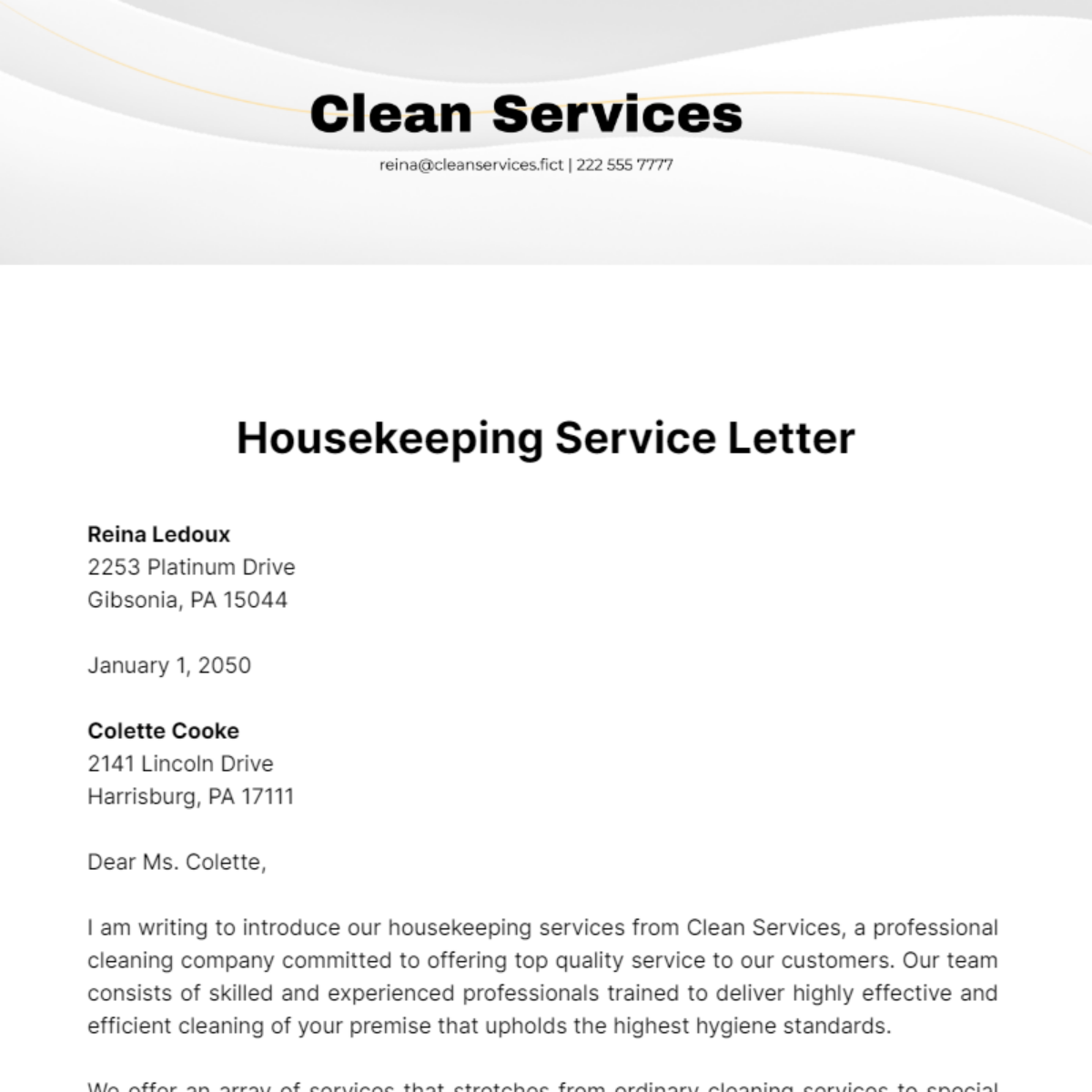 Housekeeping Service Letter Template