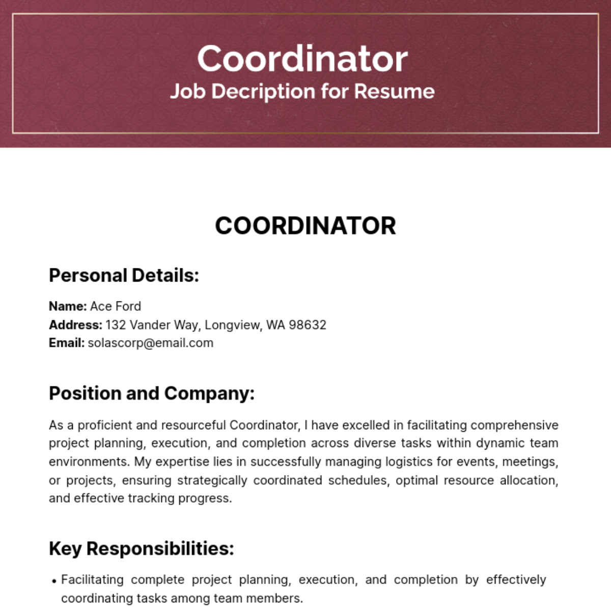 Coordinator Job Description for Resume Template