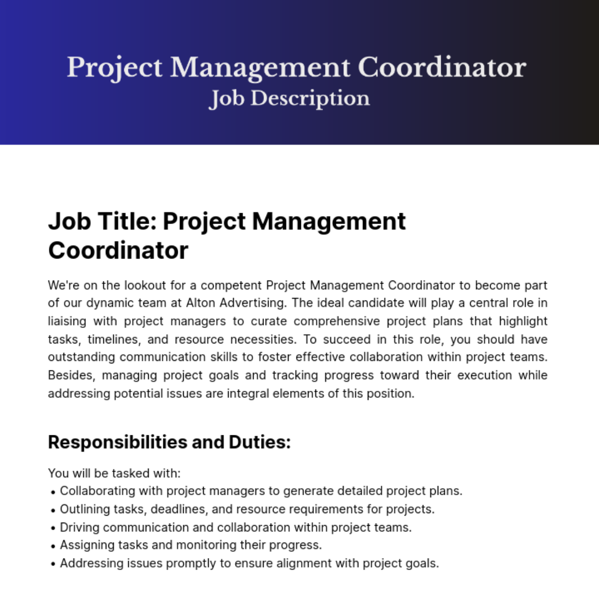 Project Management Coordinator Job Description Template