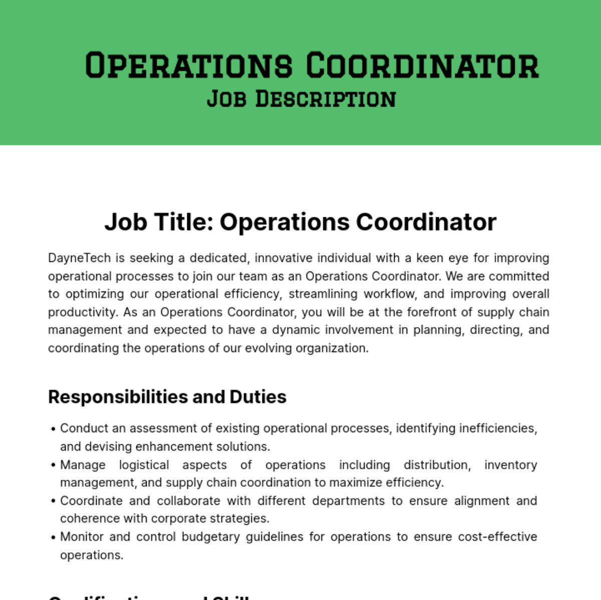 Operations Coordinator Job Description Template