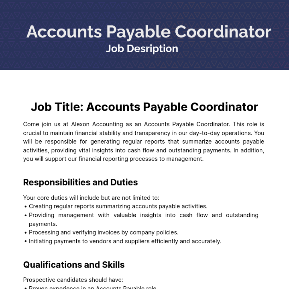 Accounts Payable Coordinator Job Description Template