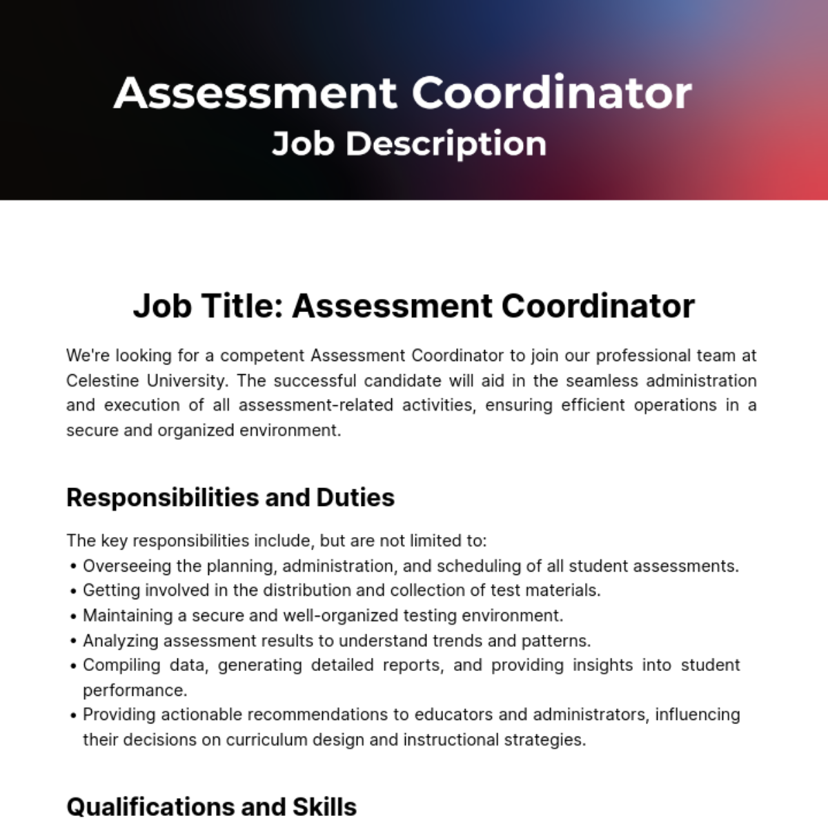 Assessment Coordinator Job Description Template