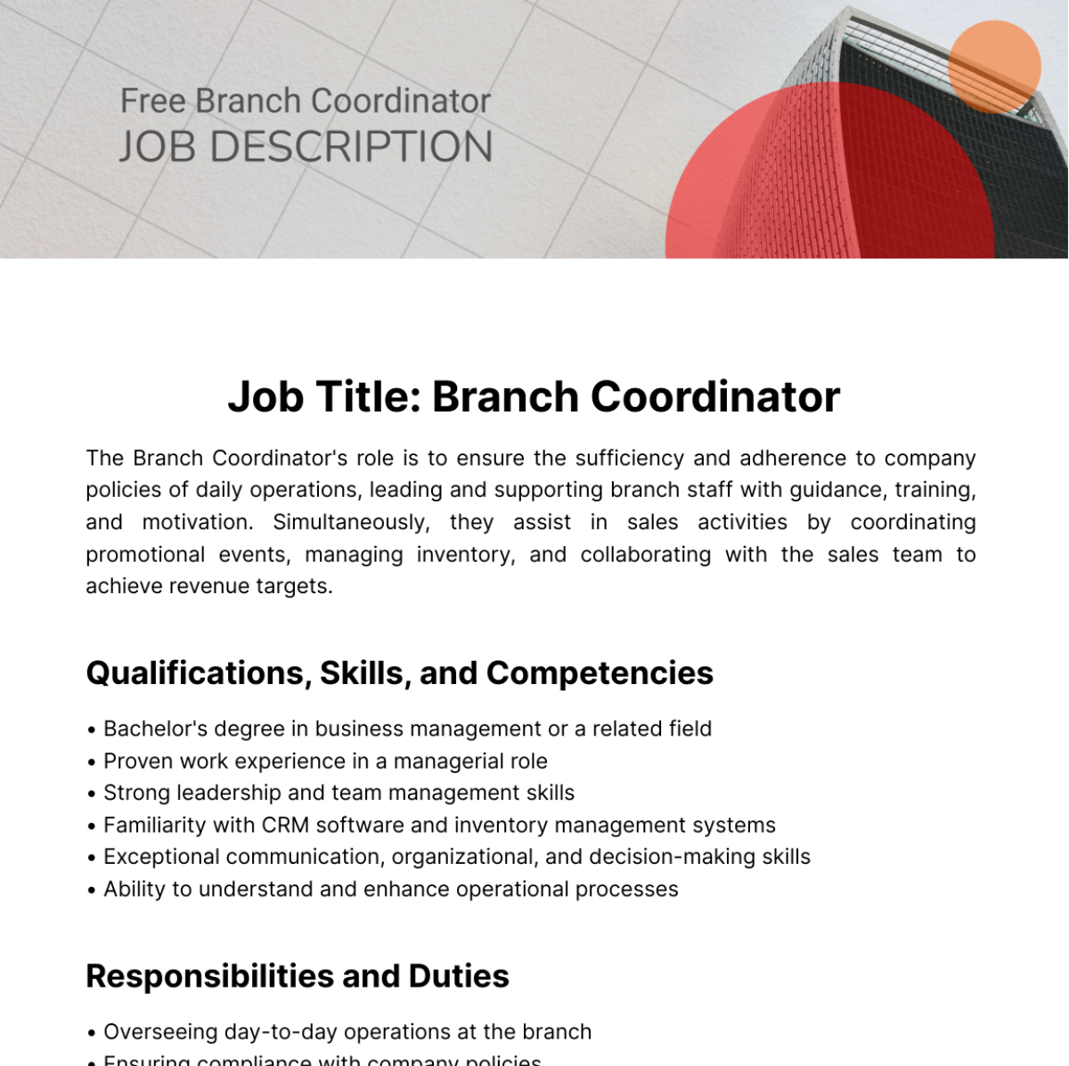 Branch Coordinator Job Description Template